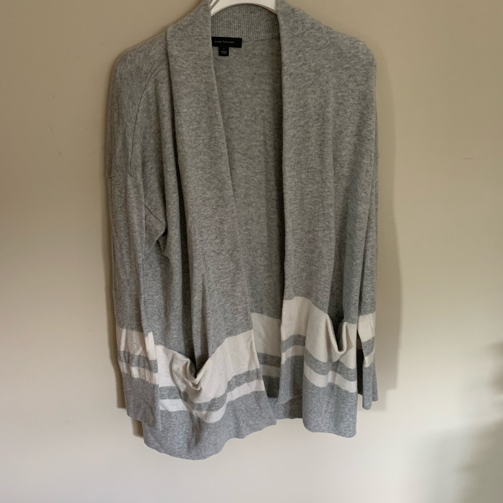 Ann Taylor Grey Cardigan with White Stripes Size L